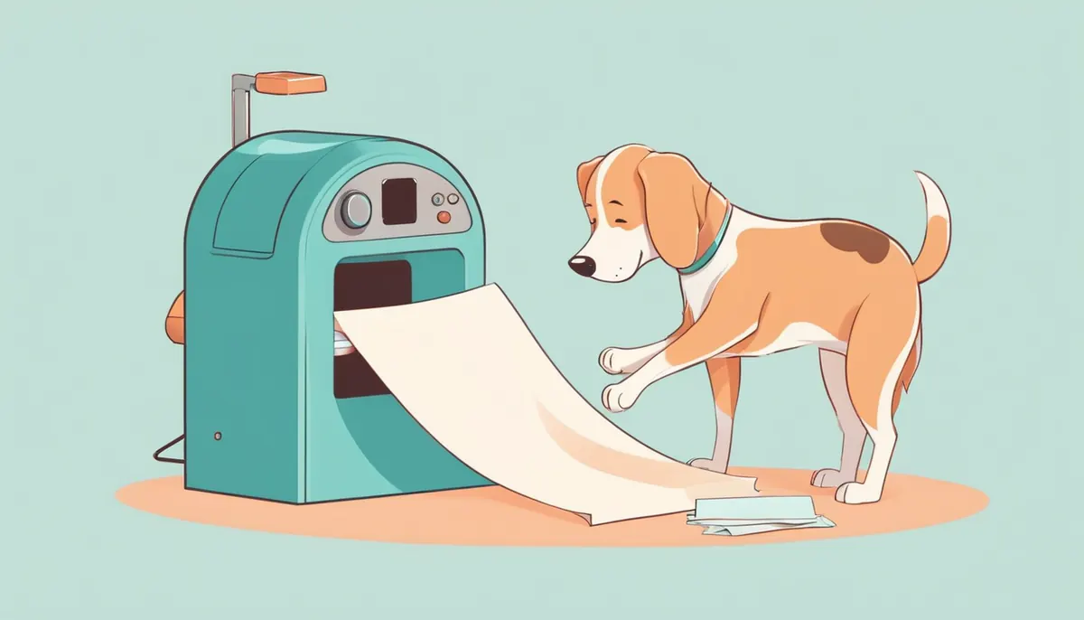 Illustration of a dog feeding a sheet of paper into a big friendly sorting machine