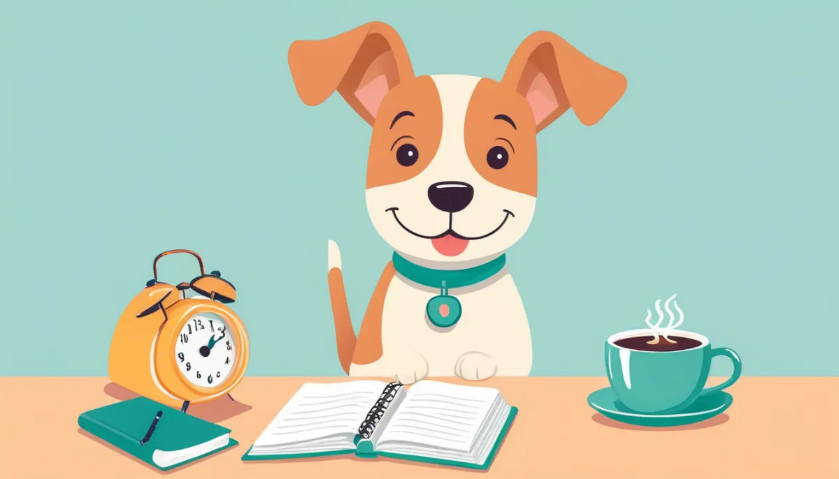 Illustration of a cheerful dog at a desk with an alarm clock, a notebook and a cup of coffee