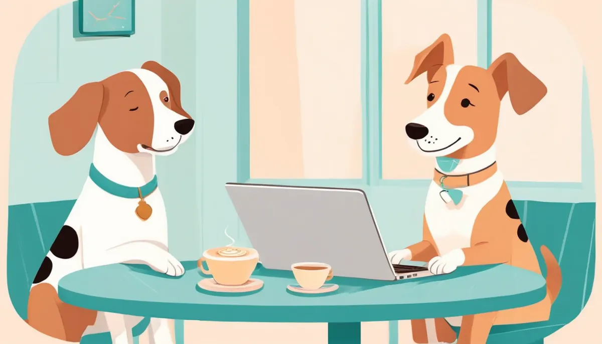 Illustration of two friendly dogs talking across a cafe table with a laptop between them