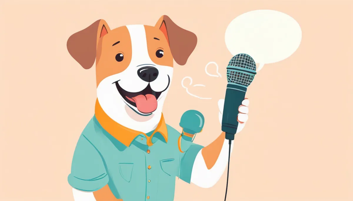 Illustration of a confident dog speaking into a microphone with speech bubbles around it