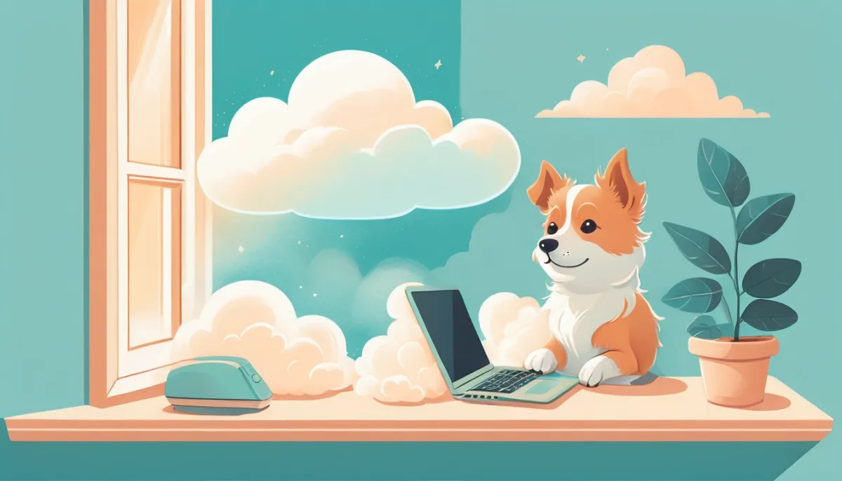 Illustration of a small dog sitting with a laptop by an open window, clouds outside
