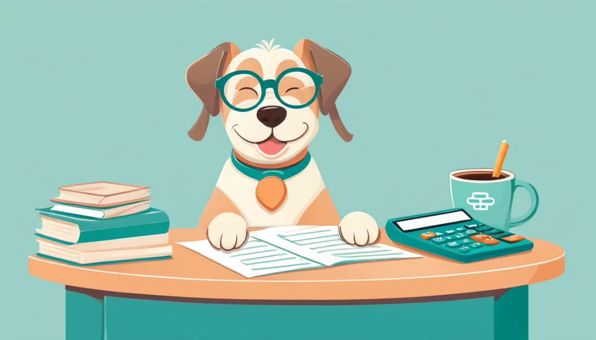 Illustration of a dog in reading glasses at a desk with a calculator and papers