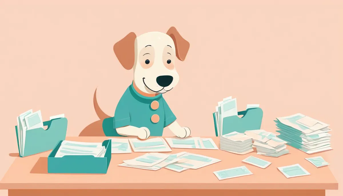 Illustration of a dog sorting paper receipts into folders on a desk