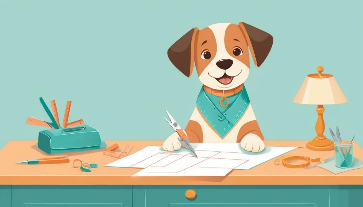 Illustration of a dog tailor with a measuring tape trimming a sheet of paper