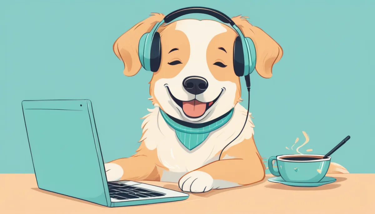 Illustration of a happy dog in headphones relaxing at a laptop with a cup of coffee