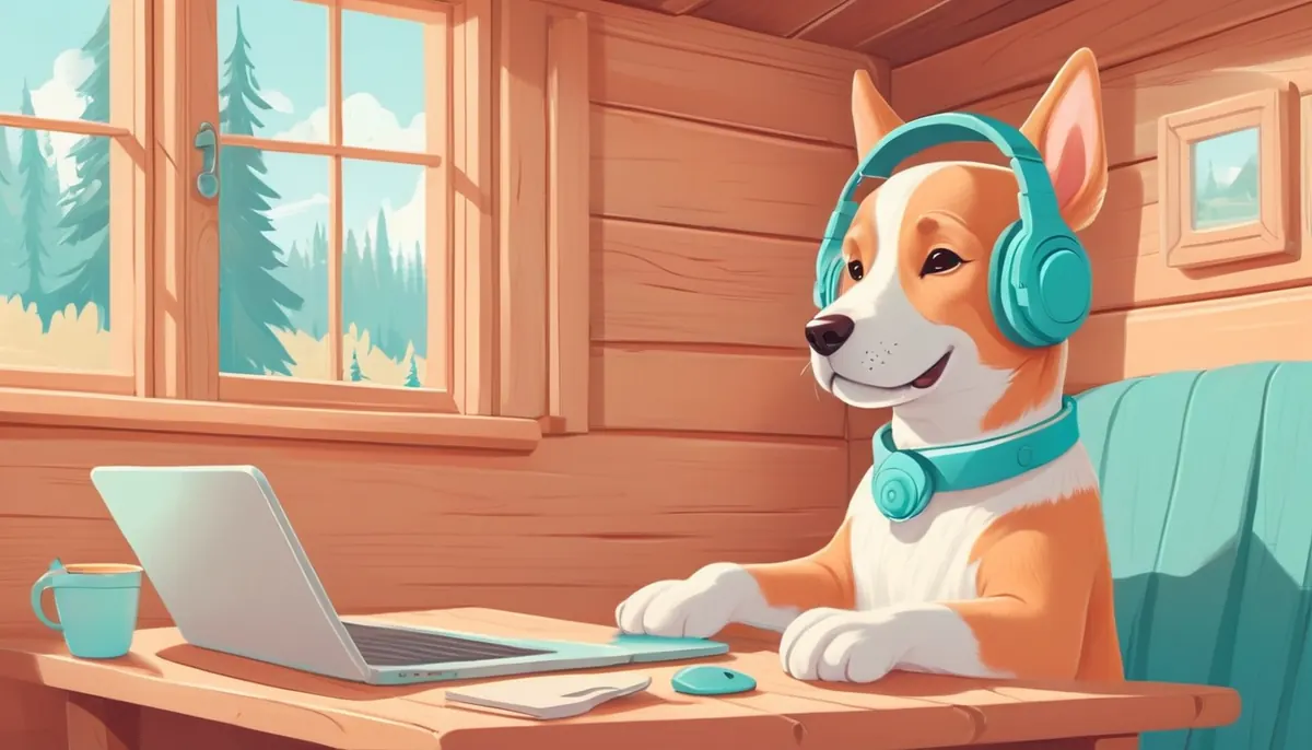Illustration of a dog wearing headphones working on a laptop inside a cozy wooden cabin in the woods