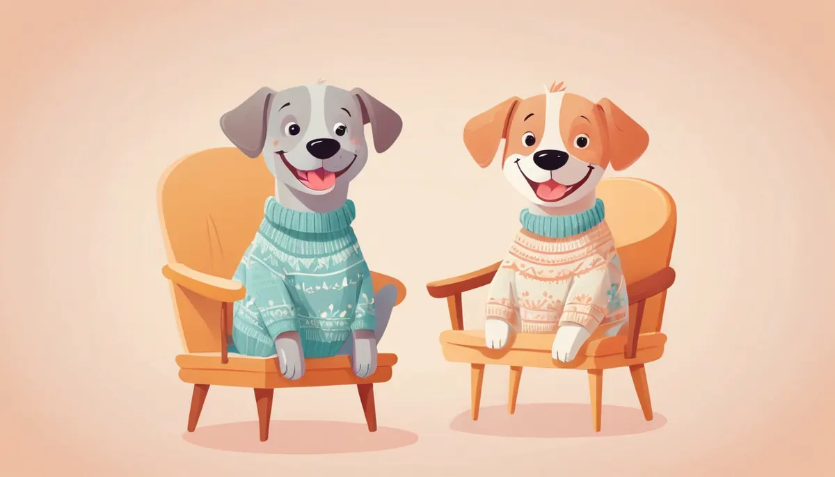 Illustration of two smiling dogs in sweaters sitting in armchairs facing each other