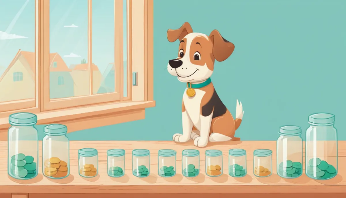 Illustration of a dog sitting beside a row of coin jars by a window