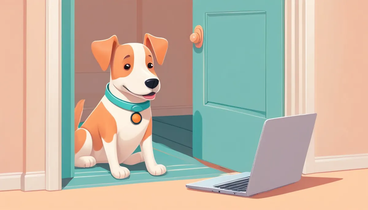 Illustration of a happy dog sitting in an open doorway next to a laptop