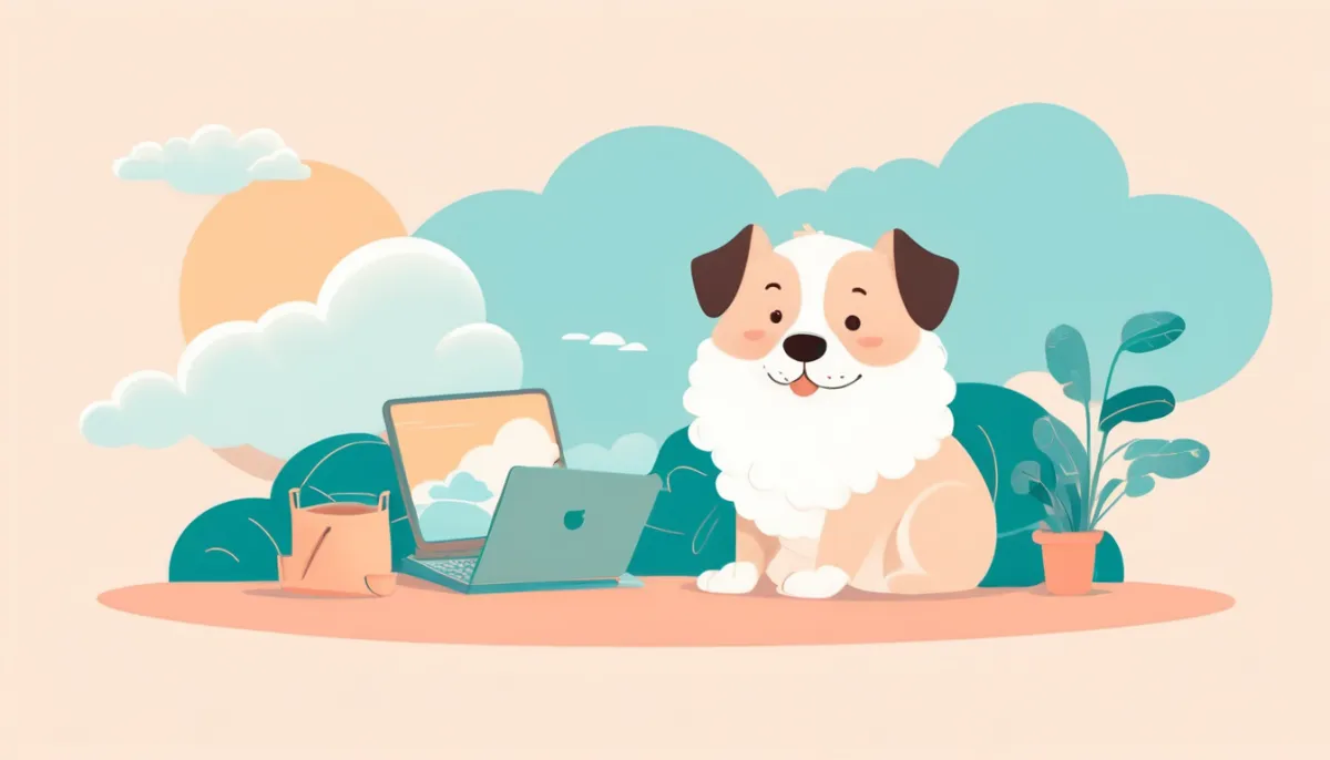 Illustration of a dog relaxing with a laptop at home, clouds in the distance