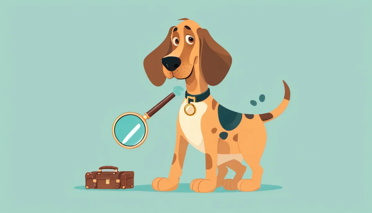 Illustration of a detective dog with a magnifying glass next to a small briefcase