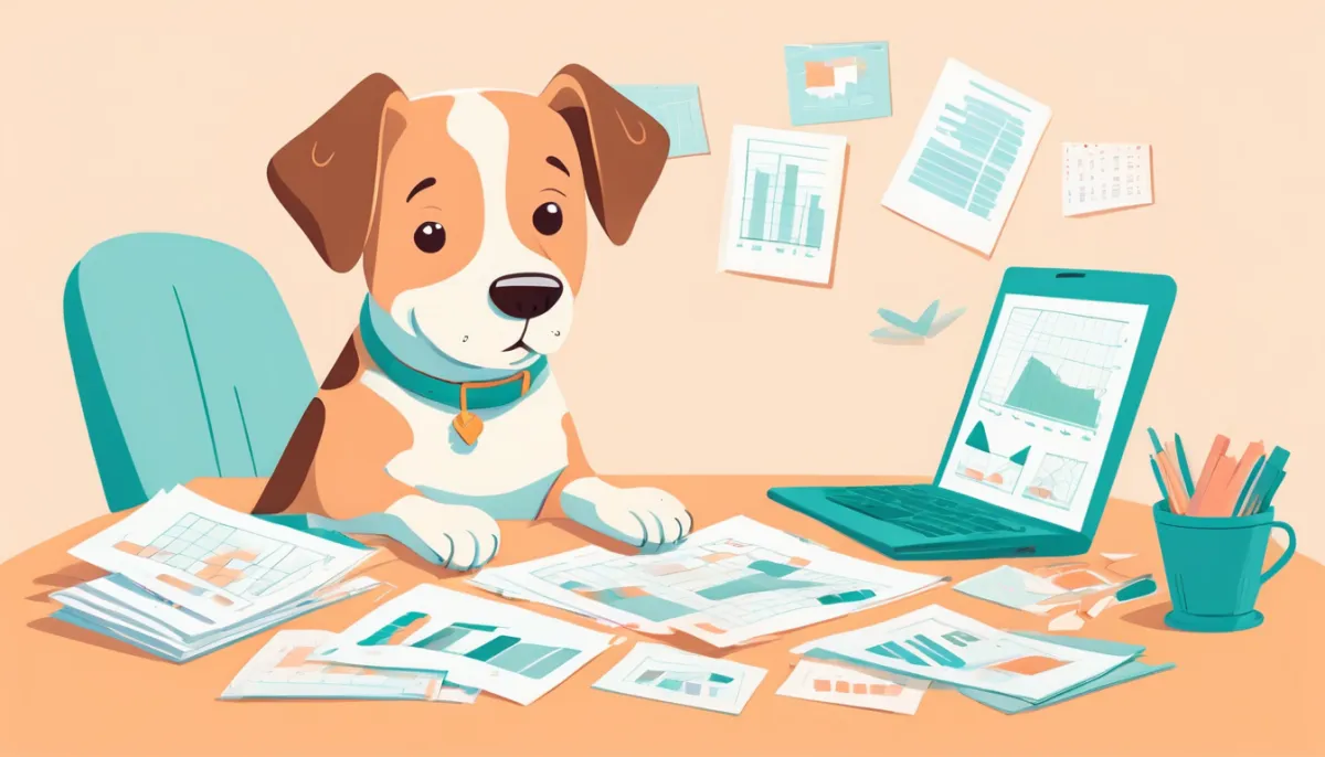 Illustration of a dog at a desk with a laptop showing a chart, surrounded by loose papers