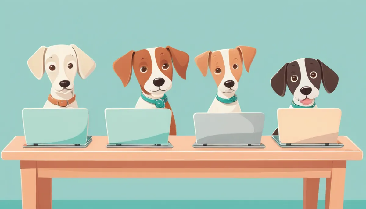 Illustration of four dogs sitting side by side at a table, each with a laptop