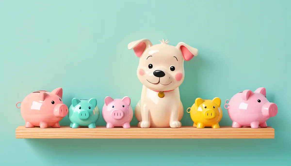 Illustration of a dog sitting among a row of colorful piggy banks on a shelf