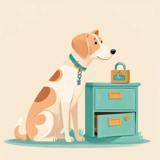 Illustration of a dog sitting beside a small filing cabinet with a padlock