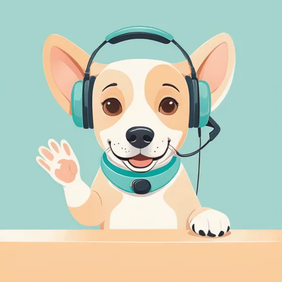 Illustration of a friendly dog in a headset waving from a help desk