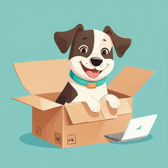 Illustration of a happy dog sitting in an open cardboard box next to a laptop