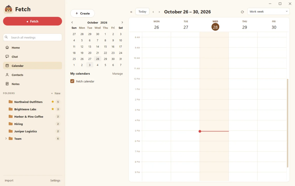 Fetch's Calendar page showing a work week with meetings in color
