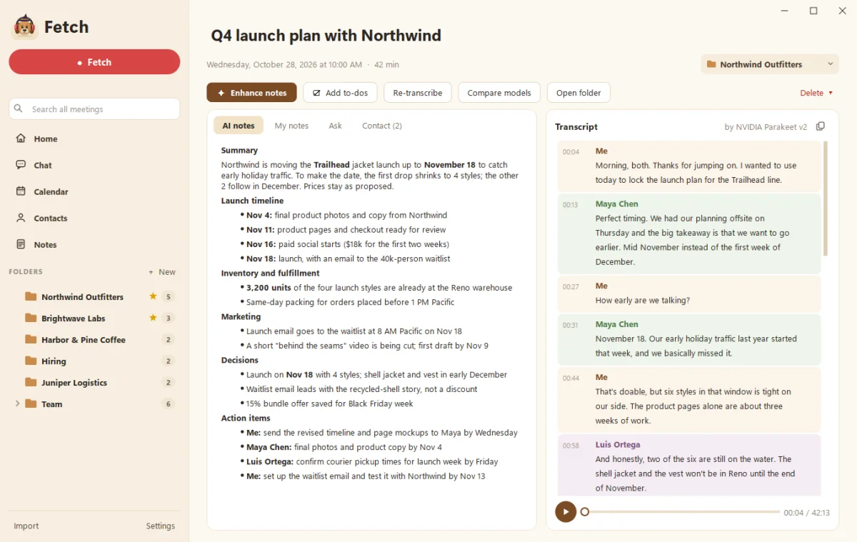 Fetch AI notes for a demo call, with a summary, decisions and action items next to the transcript