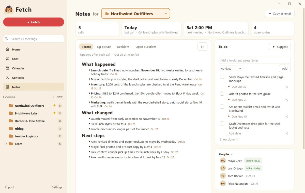 A folder's Notes page in Fetch with quick numbers, a Recent summary, to-dos and people