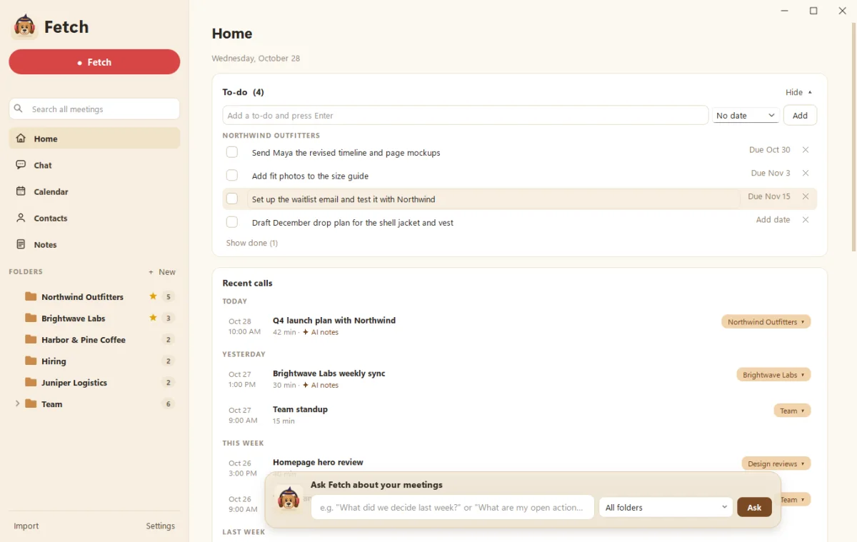 Fetch's Home page with to-dos, recent calls and the Ask Fetch about your meetings bar at the bottom