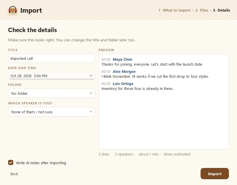 Fetch's Import window on Check the details, with title, date, folder, which speaker is you, and a preview