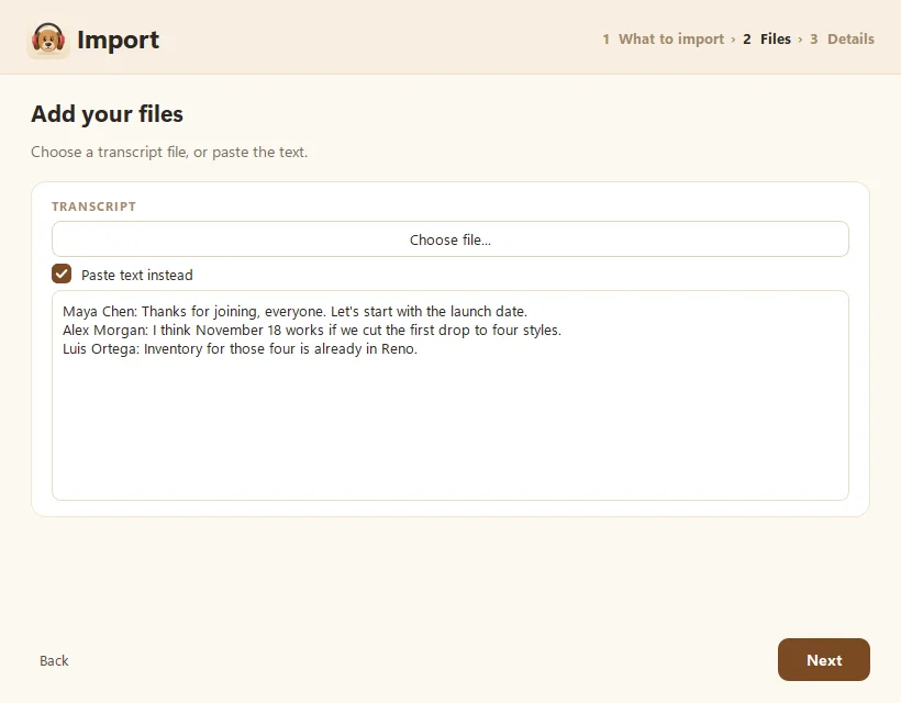 Fetch's Import window on the Files step, with Paste text instead ticked and a transcript pasted in