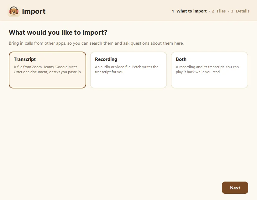 Fetch's Import window asking what to import: Transcript, Recording or Both