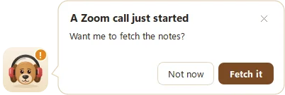 Fetch pop-up saying a Zoom call just started, with Fetch it and Not now buttons