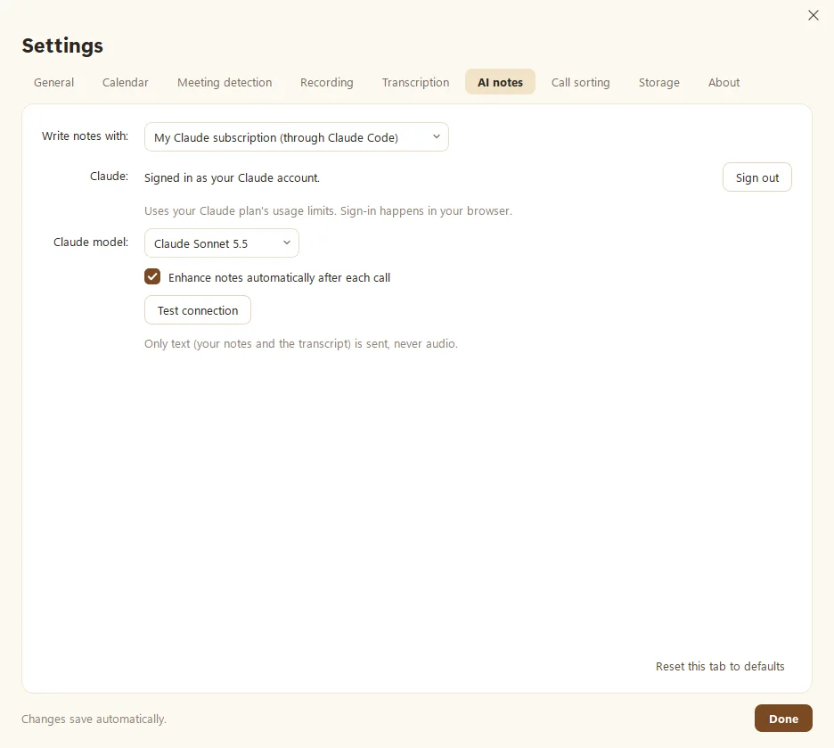 Fetch's Settings, AI notes tab, showing Write notes with Claude, the Claude model, and Enhance notes automatically