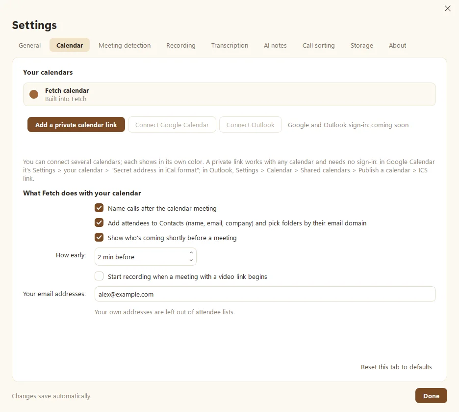 Fetch's Settings, Calendar tab, with the Add a private calendar link button and calendar options