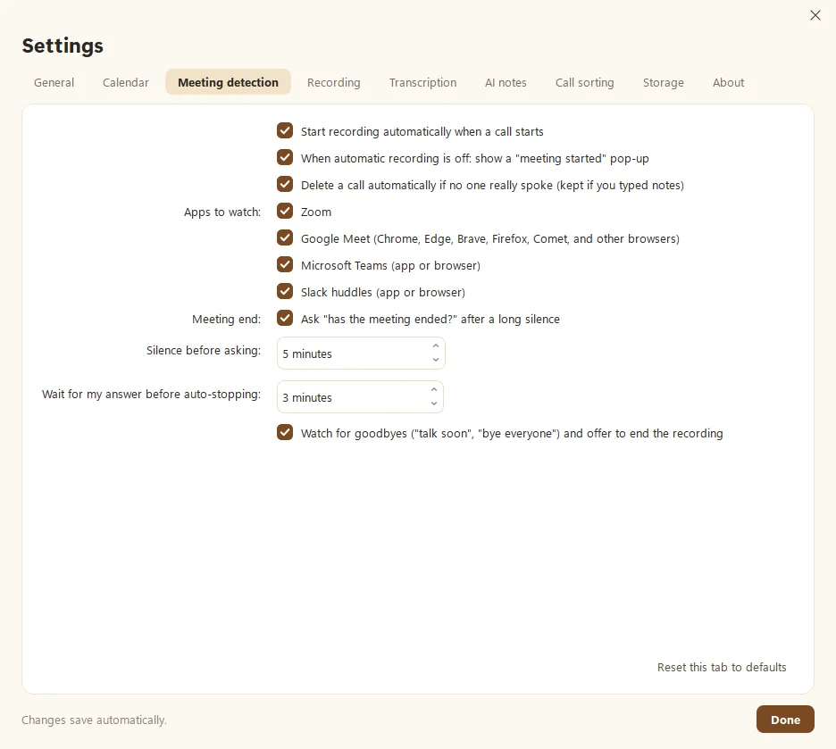 Fetch's Settings, Meeting detection tab, with apps to watch and meeting end options