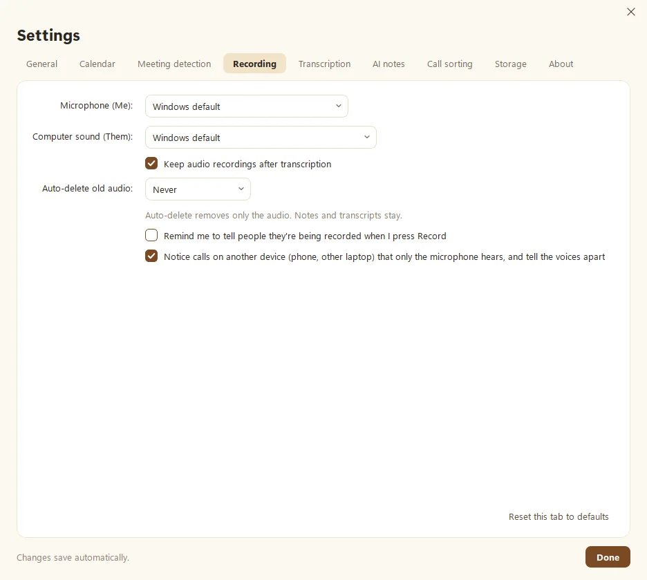 Fetch's Settings, Recording tab, with microphone choices, Keep audio recordings, and Auto-delete old audio