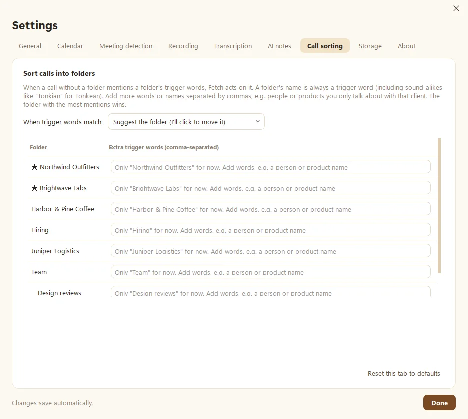 Fetch's Settings, Call sorting tab, listing folders and their extra trigger words