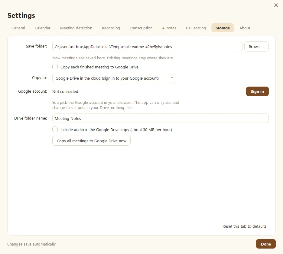 Fetch's Settings, Storage tab, with the save folder and Google Drive copy options