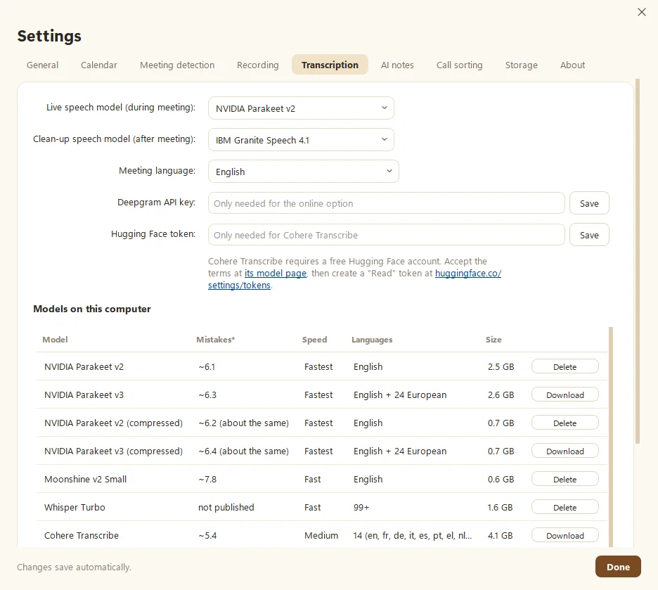 Fetch's Settings, Transcription tab, with the live and clean-up model pickers and a table of speech models to download