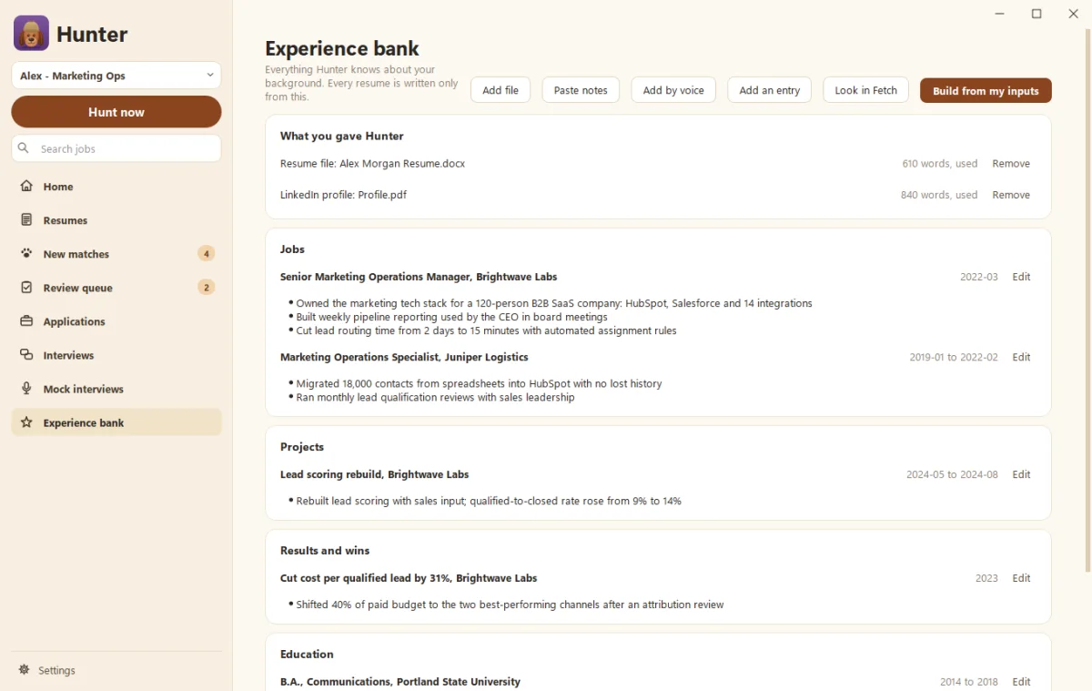 Hunter's Experience bank page with inputs, jobs with bullet points, and skills
