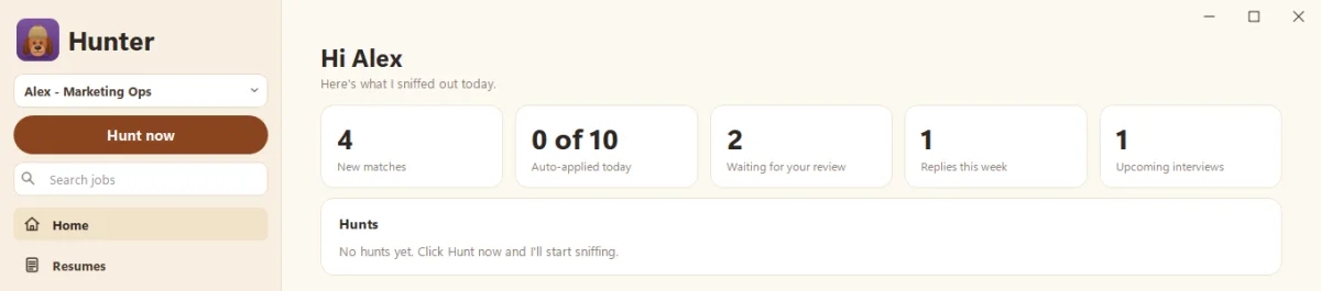 Hunter's Home page with counts for new matches, auto-applied today, waiting for review, replies and interviews