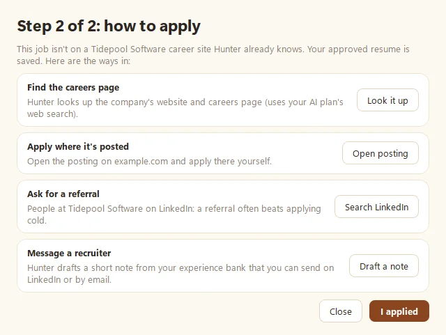 Hunter's Step 2 of 2, how to apply window, with options to find the careers page, apply where it's posted, ask for a referral, or message a recruiter