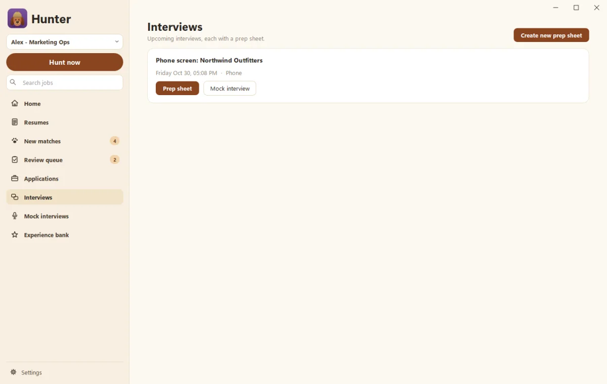 Hunter's Interviews page with upcoming interviews and prep sheet buttons
