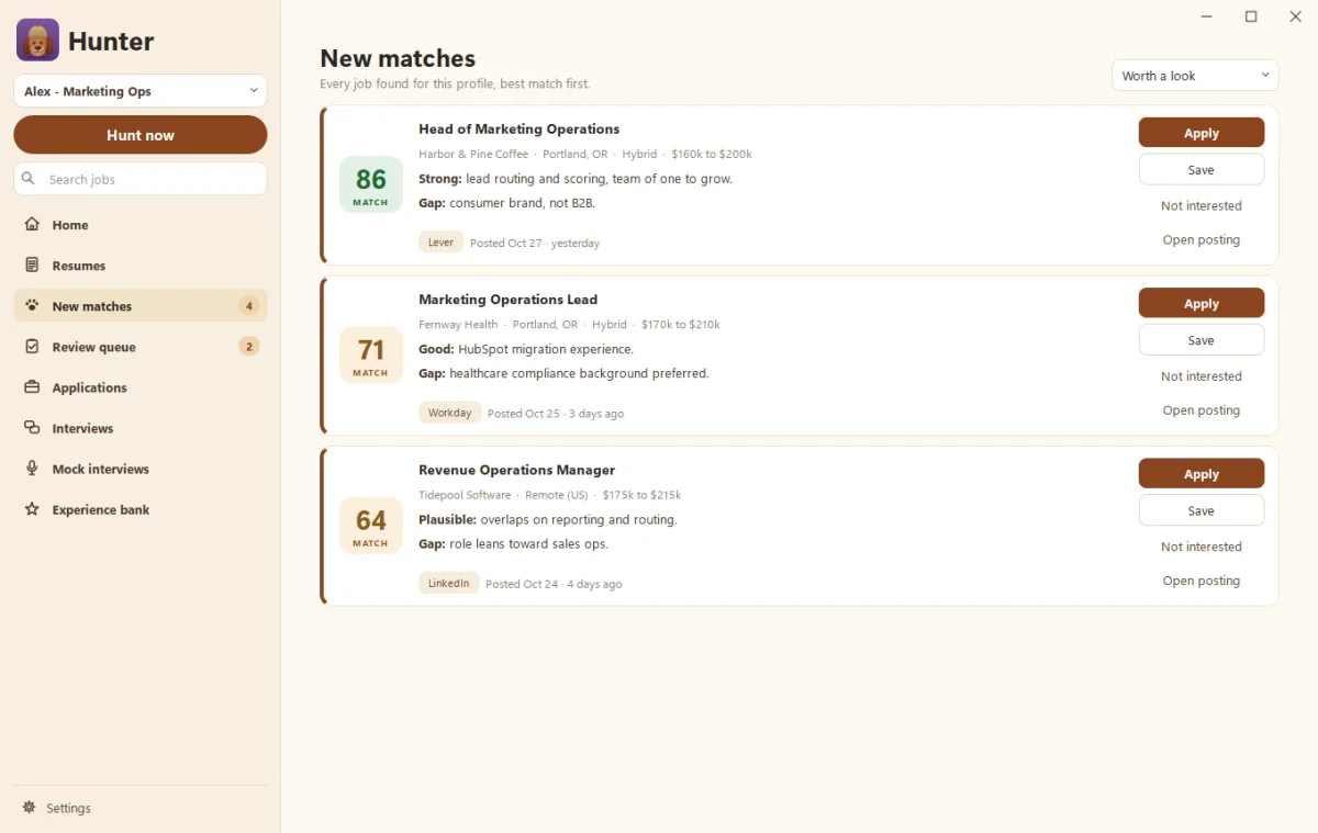 Hunter's New matches page with match scores, strengths and gaps, and Apply, Save and Not interested buttons