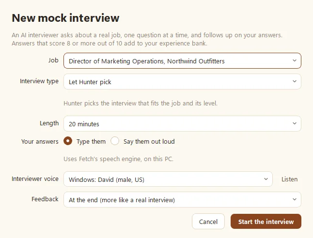 Hunter's New mock interview window with job, interview type, length, answer style, voice and feedback options