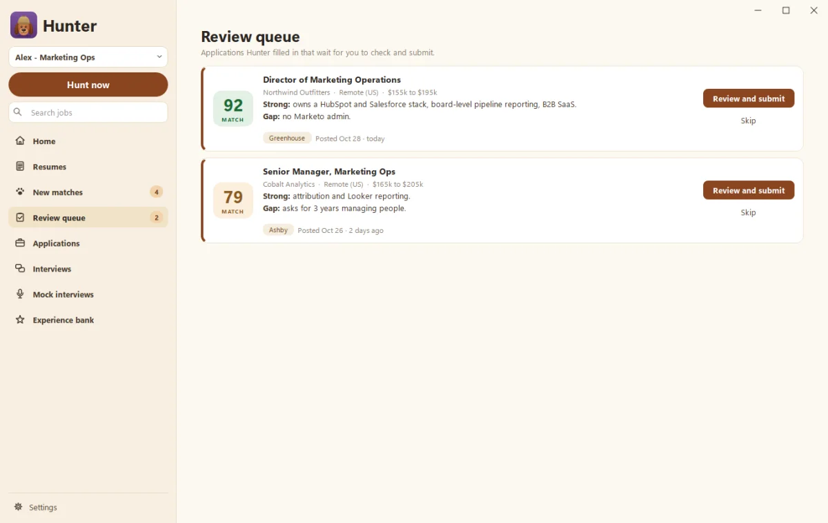 Hunter's Review queue with applications waiting, each with Review and submit and Skip buttons