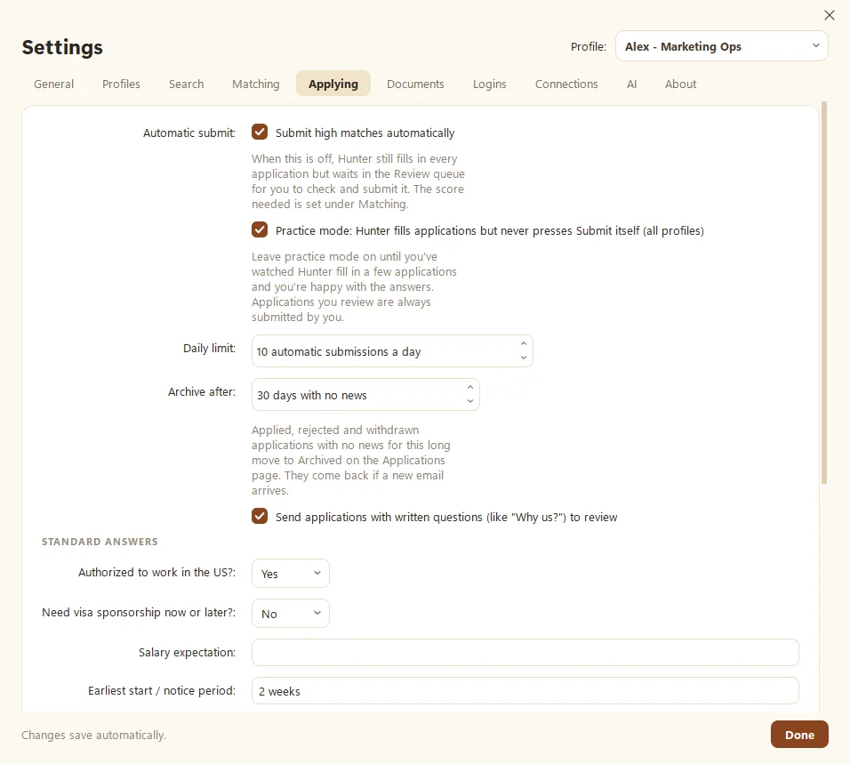 Hunter's Settings, Applying tab, with Automatic submit, Practice mode, Daily limit and standard answers