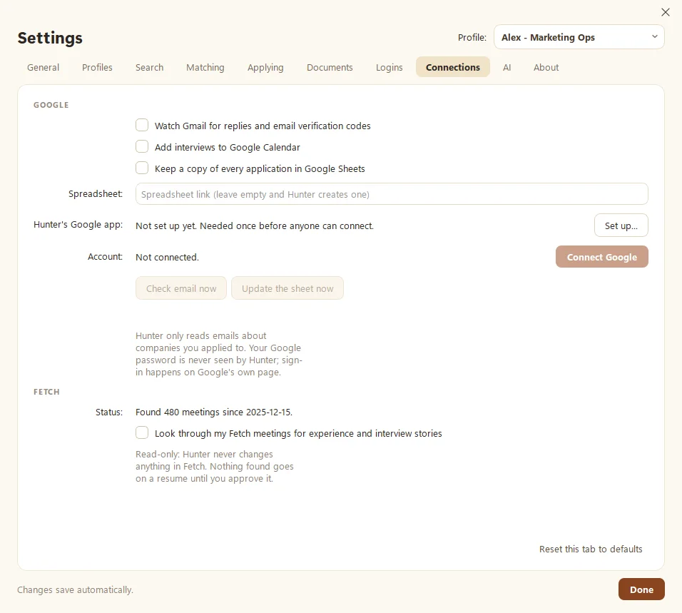 Hunter's Settings, Connections tab, with Gmail, Calendar and Sheets options, Hunter's Google app status, and Fetch