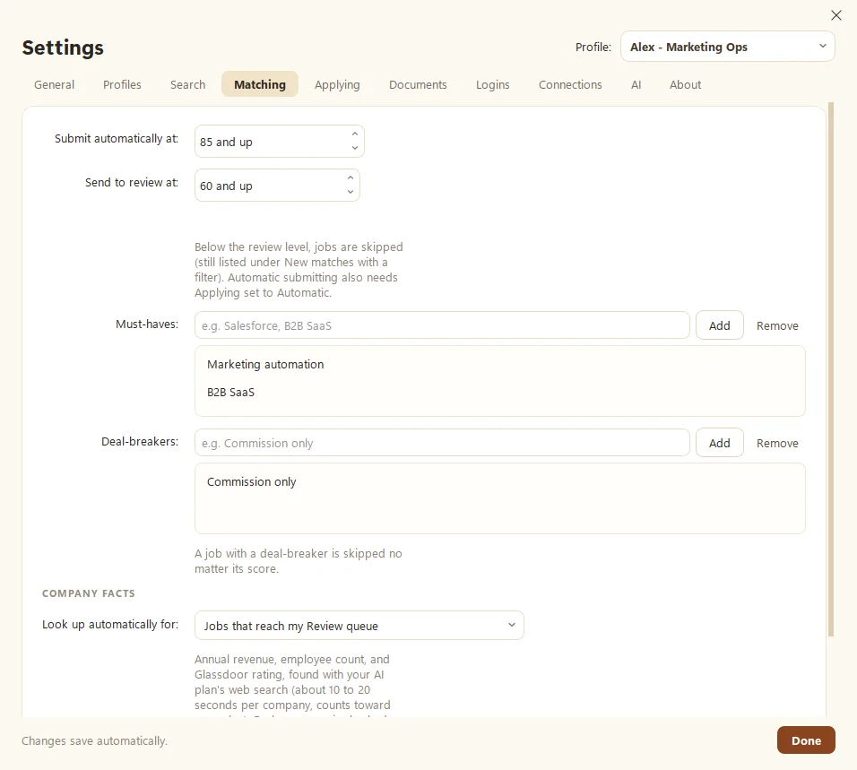 Hunter's Settings, Matching tab, with automatic and review score levels, must-haves and deal-breakers