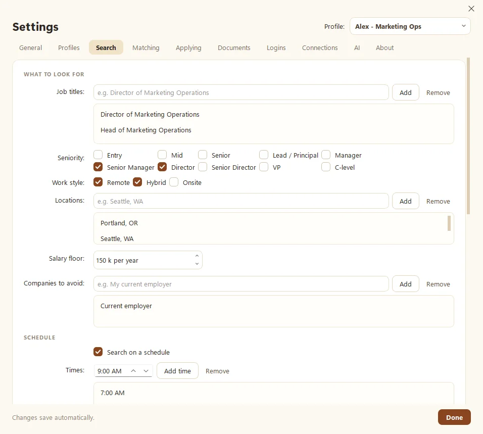 Hunter's Settings, Search tab, with job titles, seniority, locations, schedule and sources