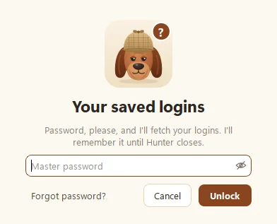 Hunter's unlock window asking for the master password, with a Forgot password link