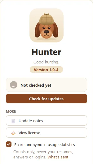Hunter's About card with the Share anonymous usage statistics checkbox and What's sent link