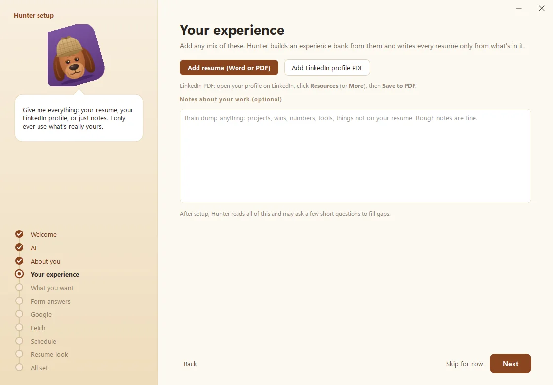 Hunter setup step Your experience, with buttons to add a resume or LinkedIn PDF and a box for notes